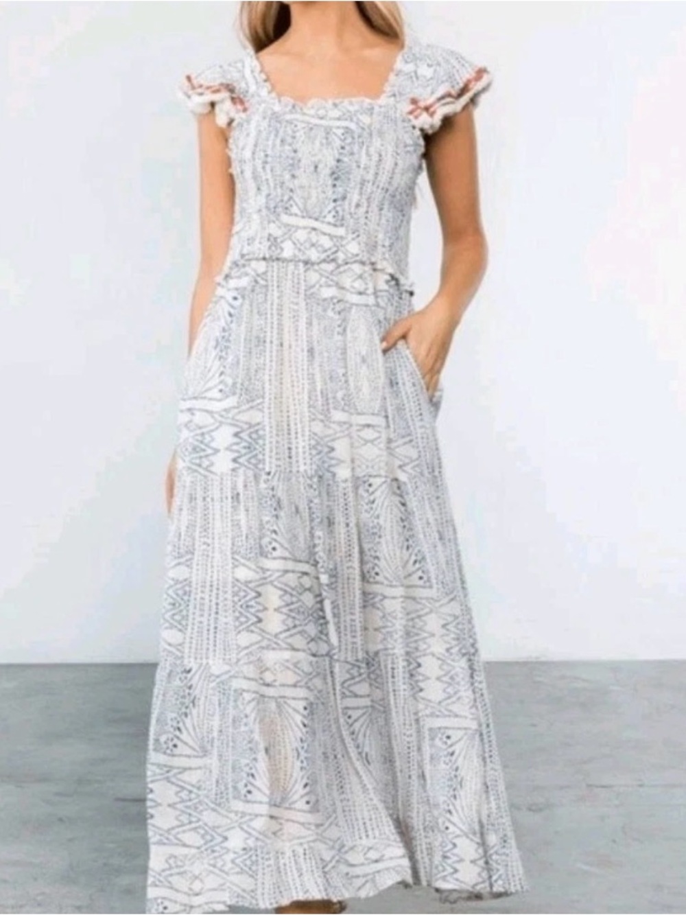 THML Cream Maxi Dress with Navy Geometric Print and Ruffle Straps - Picture 9 of 10